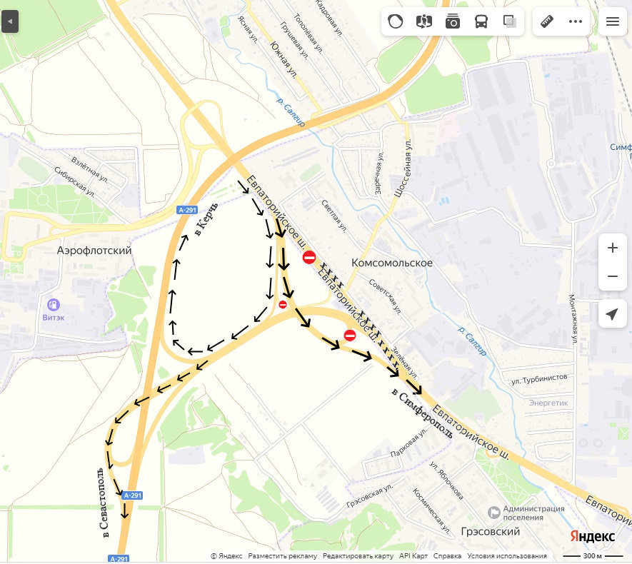 Схема движения транспорта на развязке возле аэропорта Симферополь 